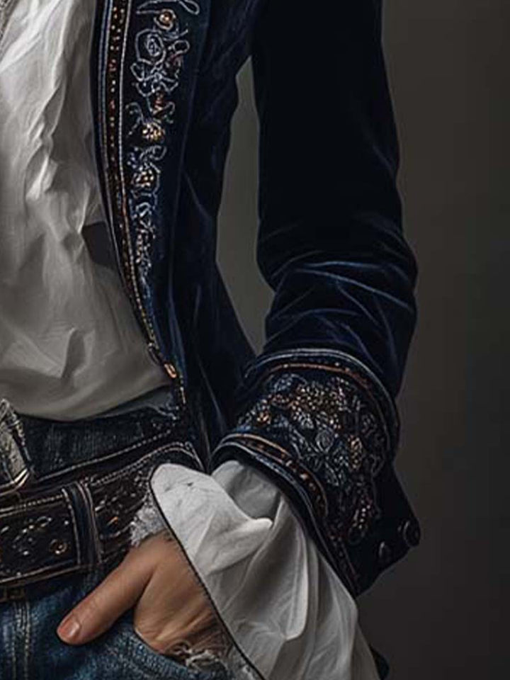 Federica | Chaqueta Larga Vintage de Terciopelo Azul Marino con Bordados