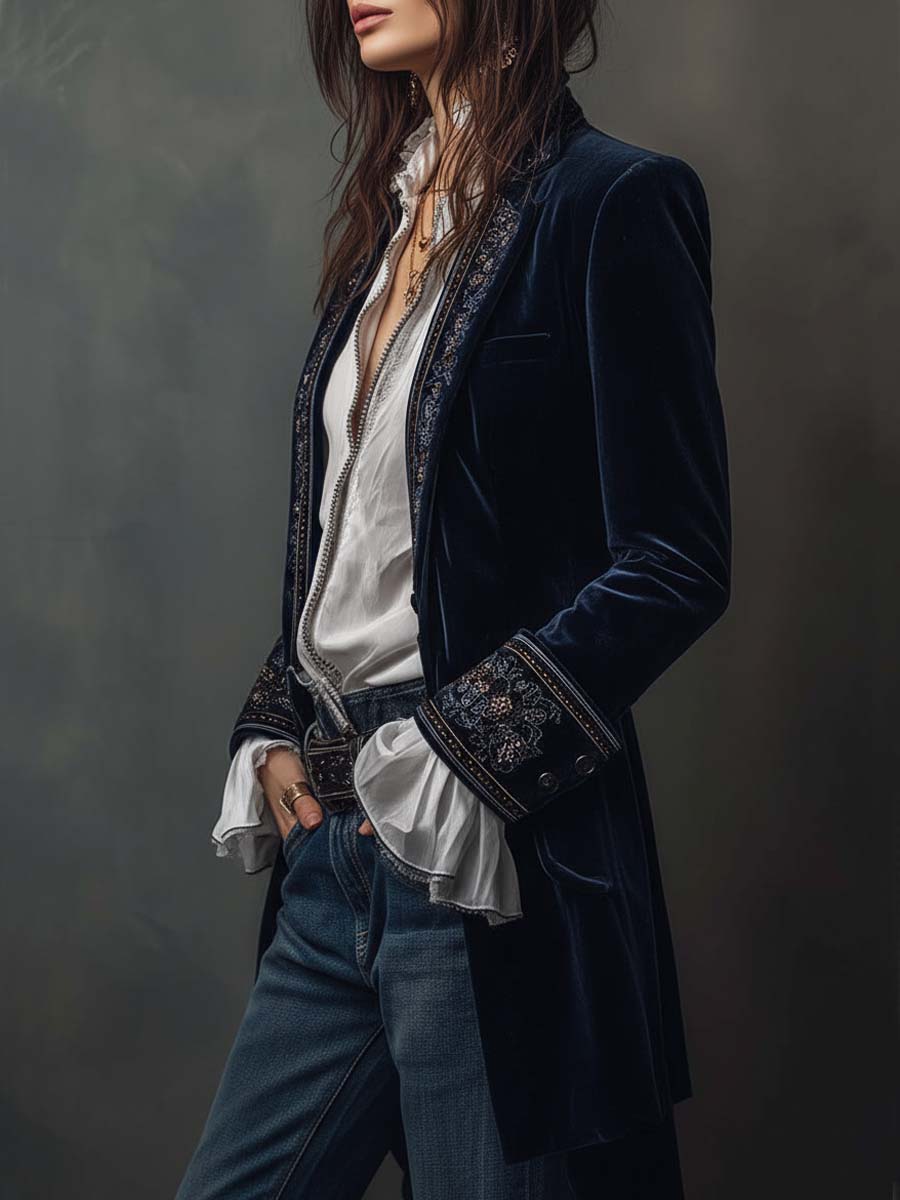 Federica | Chaqueta Larga Vintage de Terciopelo Azul Marino con Bordados
