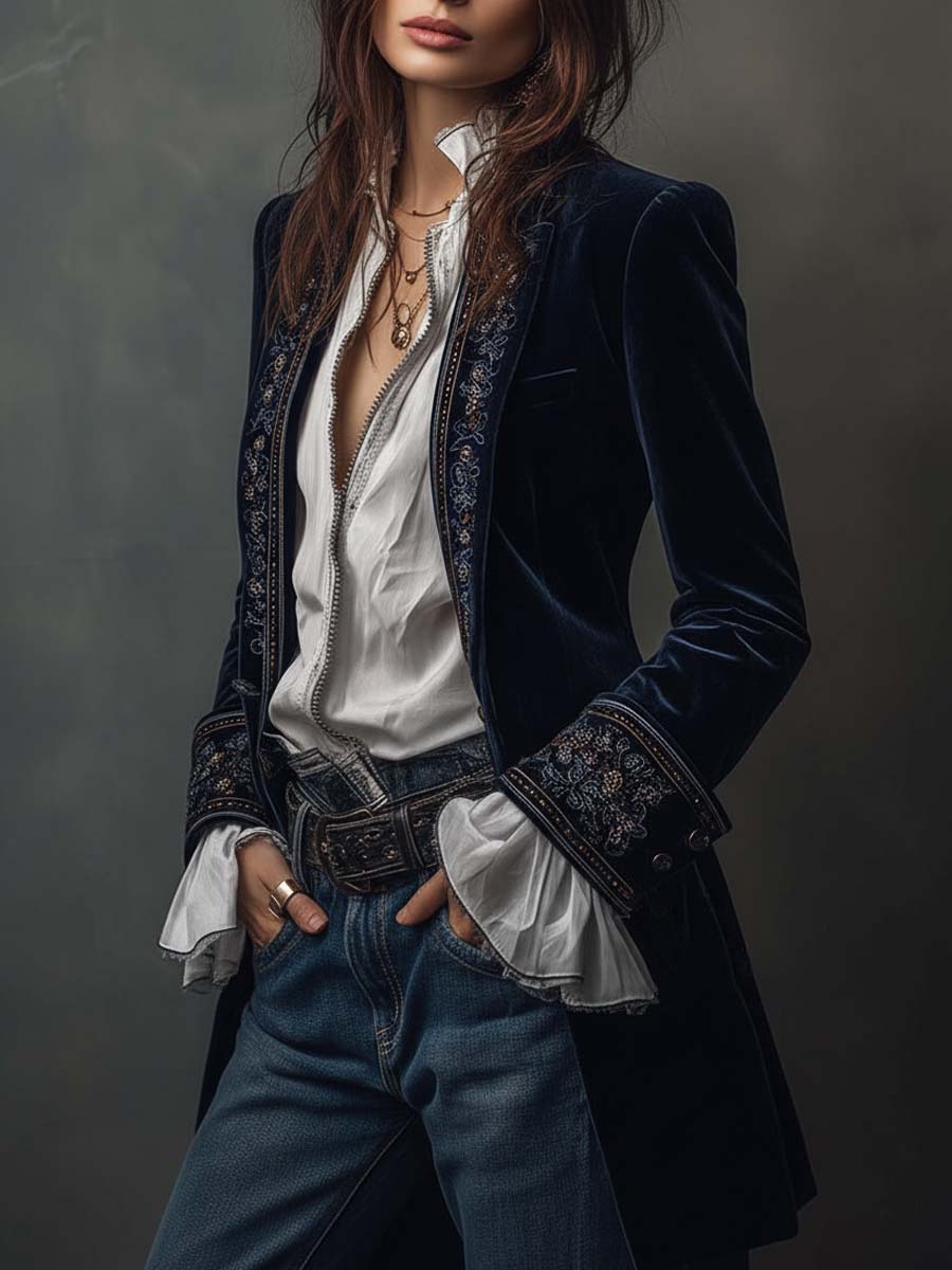 Federica | Chaqueta Larga Vintage de Terciopelo Azul Marino con Bordados