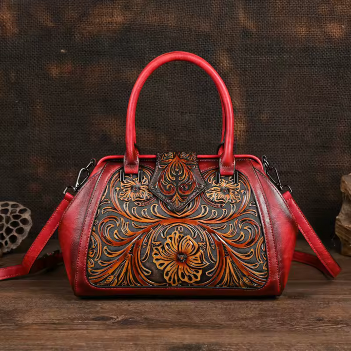 Bolso de cuero con grabado floral