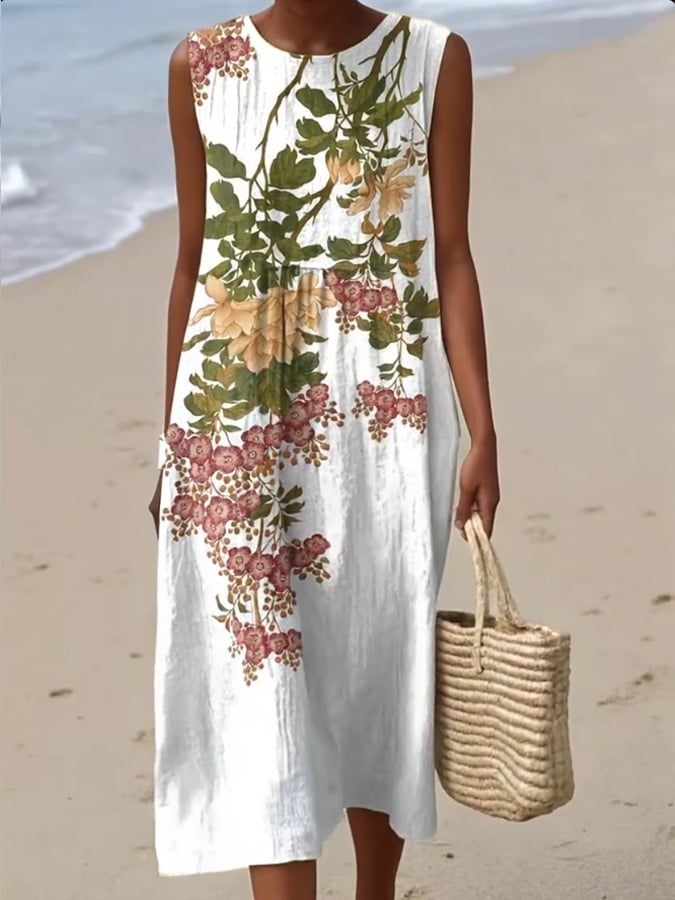 Vestido Floral Sin Mangas de Cuello Redondo para Mujer