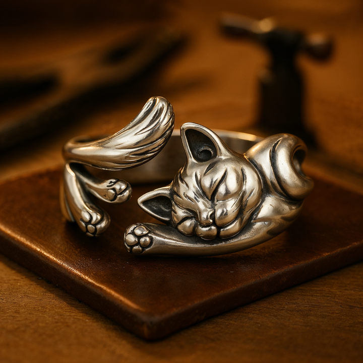 Elegante Anillo Vintage de Plata con Diseño de Gato