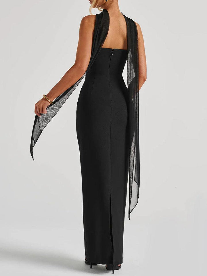 Elegante Vestido Maxi Negro con Cintura Entallada