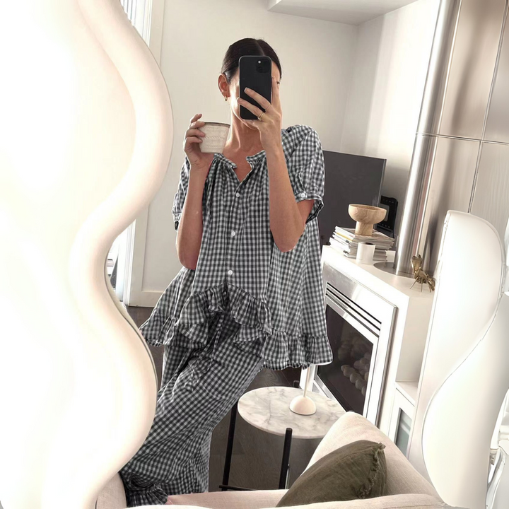 NEVERLAND™ - Conjunto de Top de Manga Abullonada a Cuadros y Pantalones