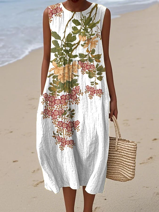 Vestido Floral Sin Mangas de Cuello Redondo para Mujer