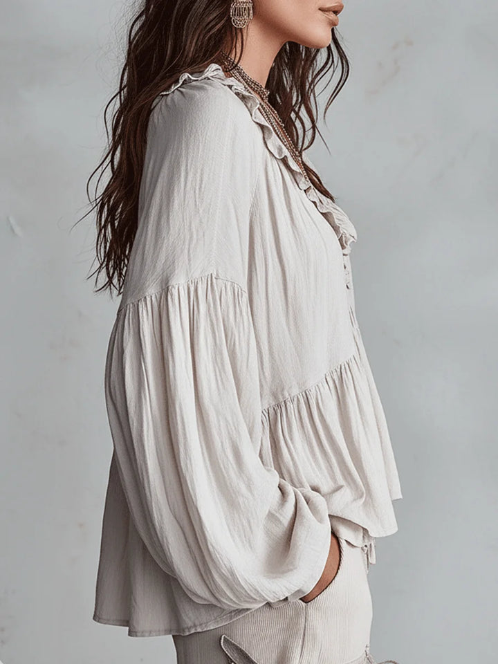 Camisa Casual de Algodón y Lino Retro con Volantes en Color Sólido para Mujeres