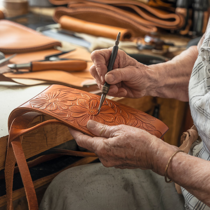 Bolso de cuero con grabado floral