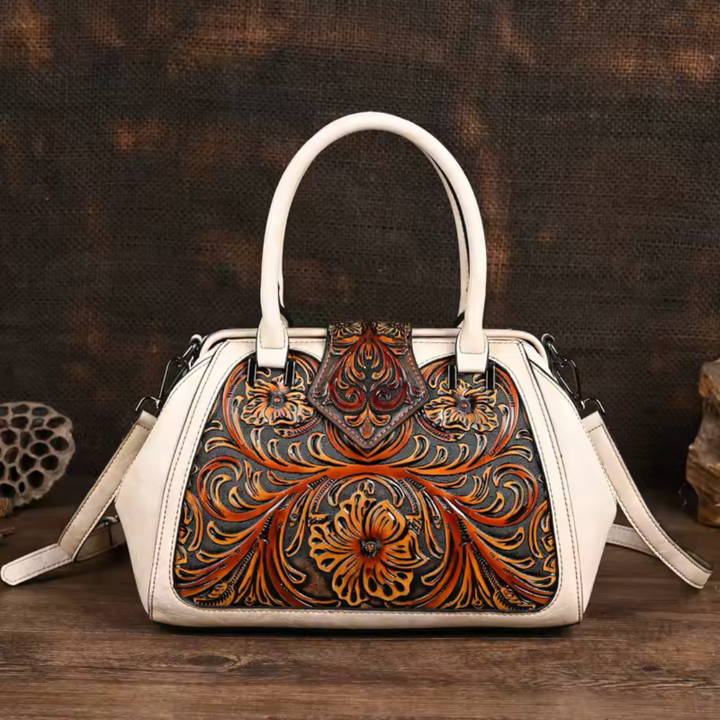 Bolso de cuero con grabado floral