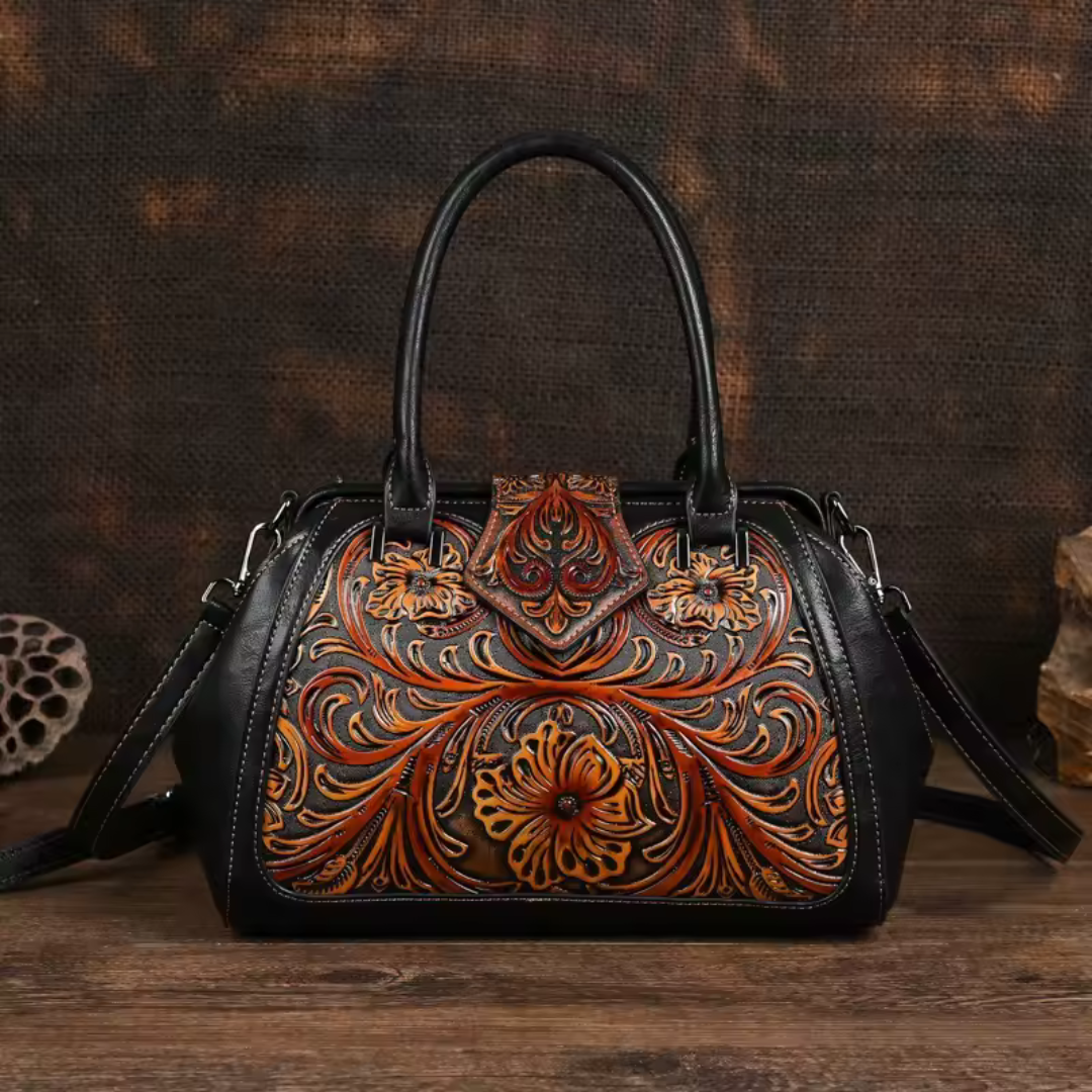 Bolso de cuero con grabado floral