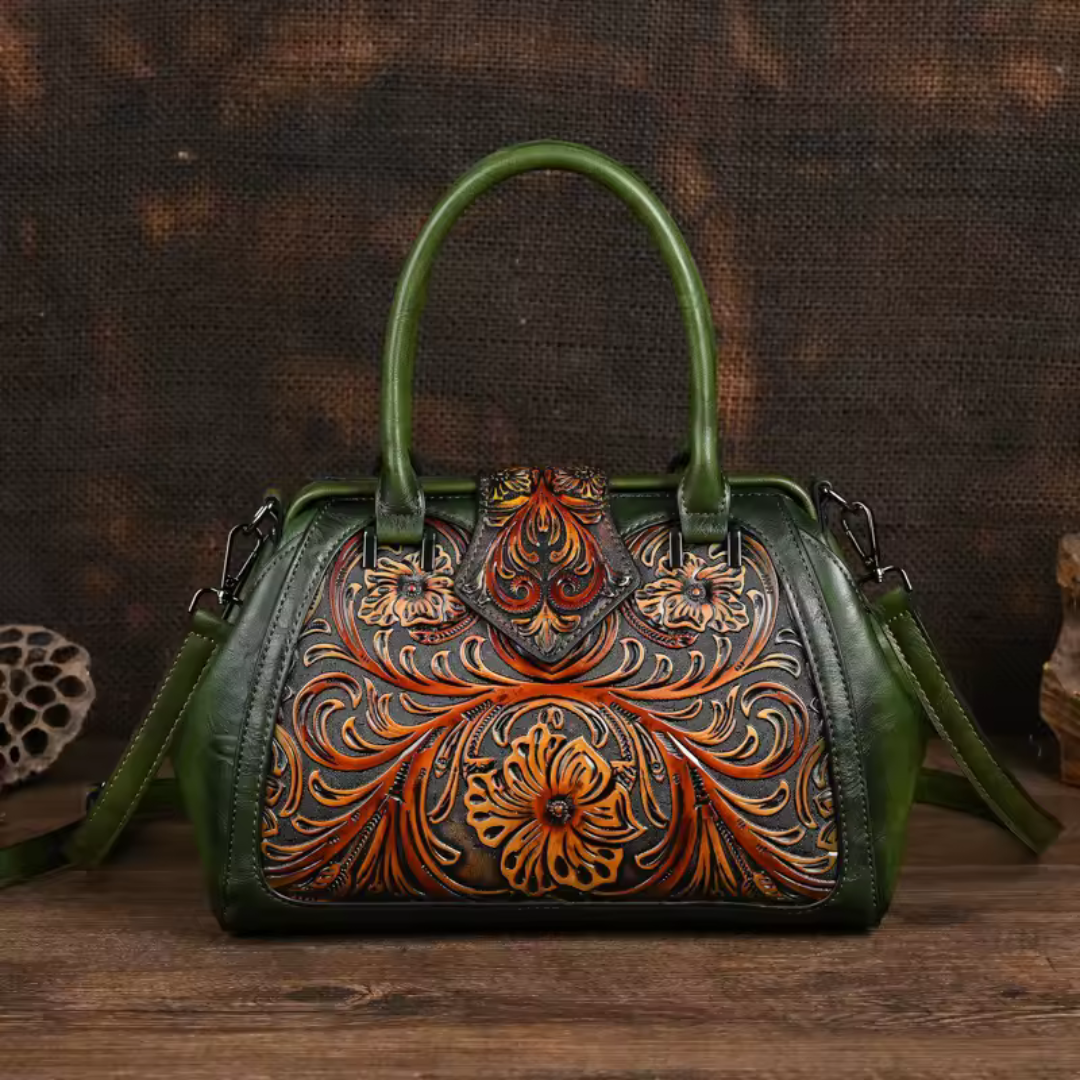 Bolso de cuero con grabado floral