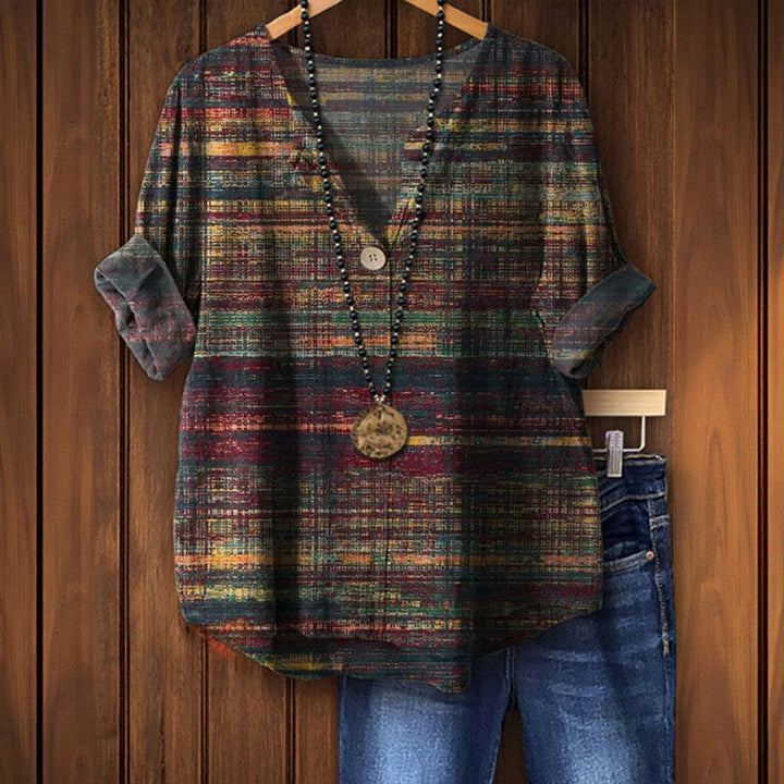 Leona – Blusa Vintage Impresa con Escote en V