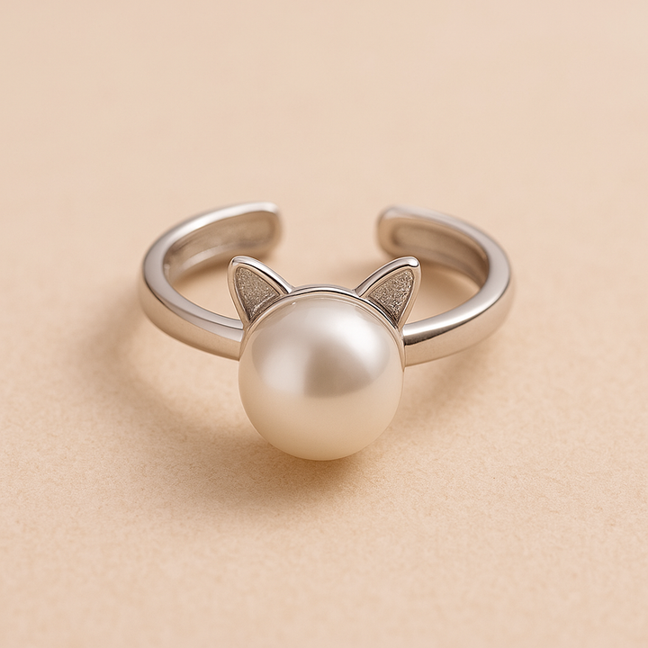 Elegante cadena de gatos y perlas con pendientes y anillo de regalo