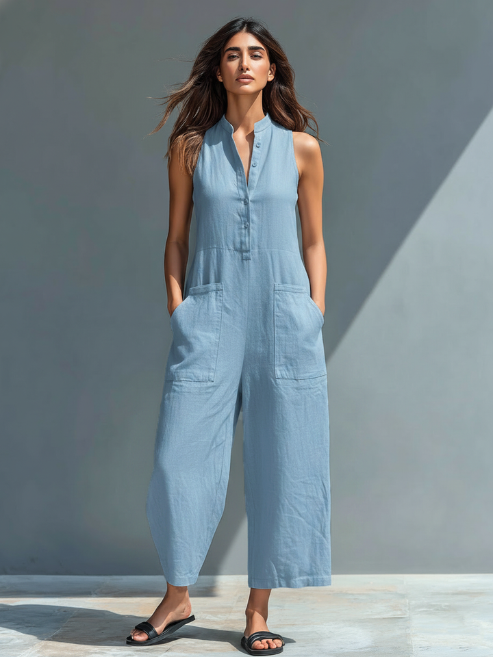 Mono holgado sin mangas con cuello alto y botones, de estilo minimalista, para mujer, de mezcla de lino