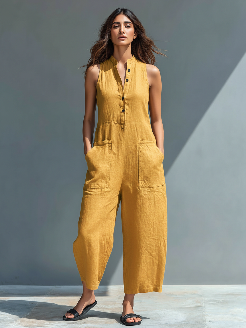 Mono holgado sin mangas con cuello alto y botones, de estilo minimalista, para mujer, de mezcla de lino