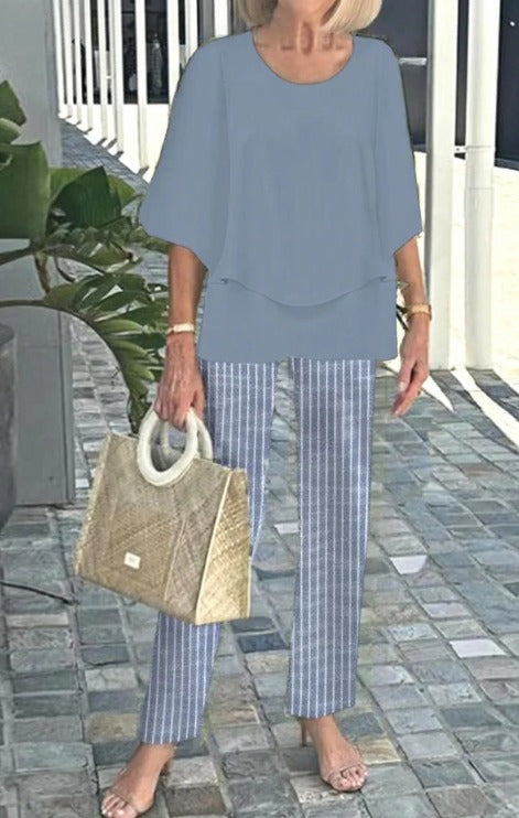 Jevva Elegante Conjunto de Dos Piezas con Cuello Redondo en Gris