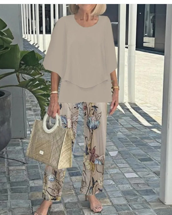 Jevva Elegante Conjunto de Dos Piezas con Cuello Redondo en Gris