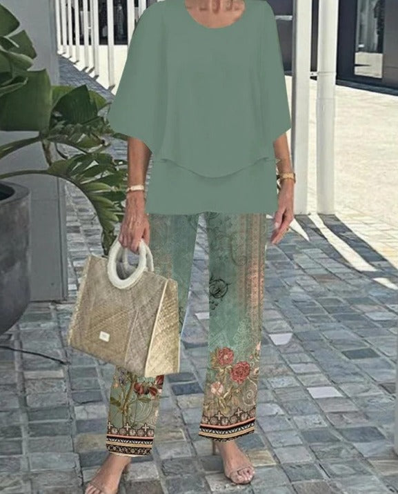 Jevva Elegante Conjunto de Dos Piezas con Cuello Redondo en Gris