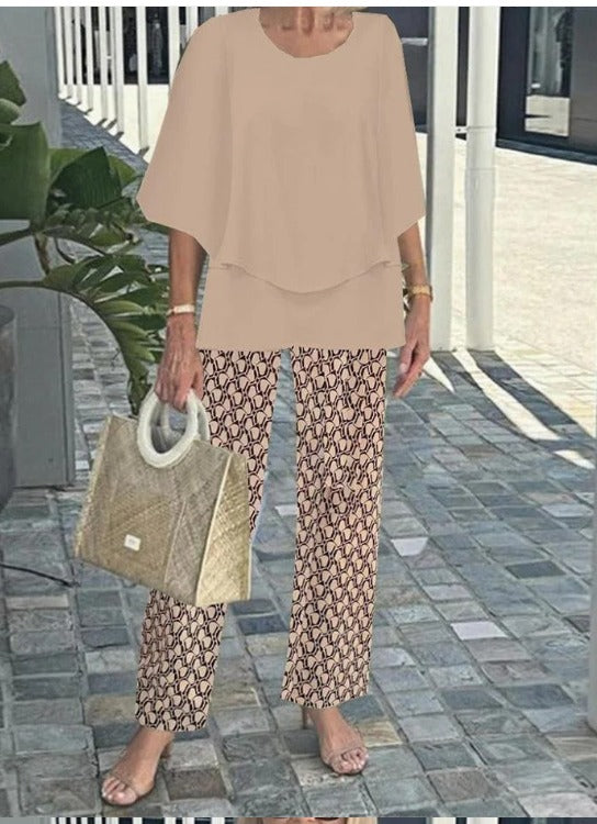 Jevva Elegante Conjunto de Dos Piezas con Cuello Redondo en Gris