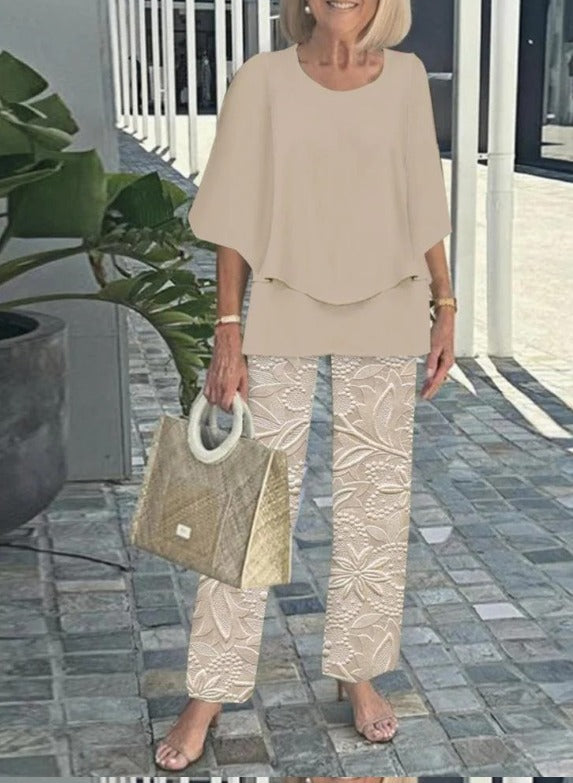 Jevva Elegante Conjunto de Dos Piezas con Cuello Redondo en Gris