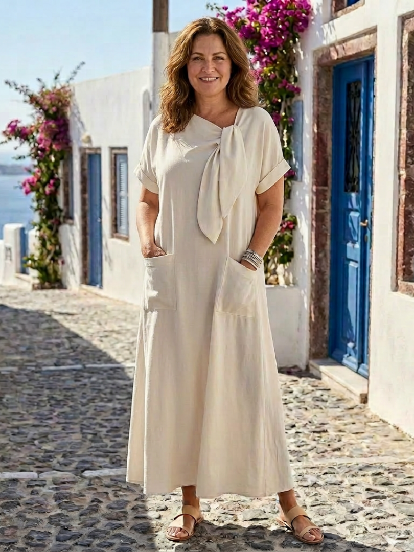 Elowyn | Vestido largo de manga corta con cuello redondo y bolsillos