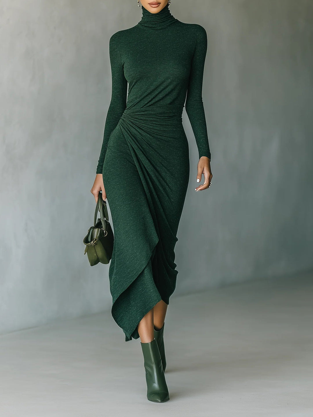 Vestido midi asimétrico verde oscuro con pliegues y cuello alto
