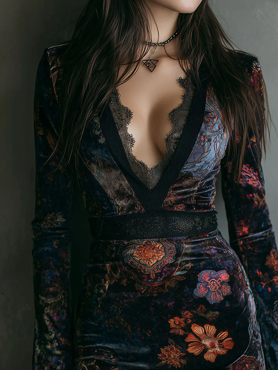 Vestido Mini Slim-fit de Terciopelo con Encaje y Estampado Floral