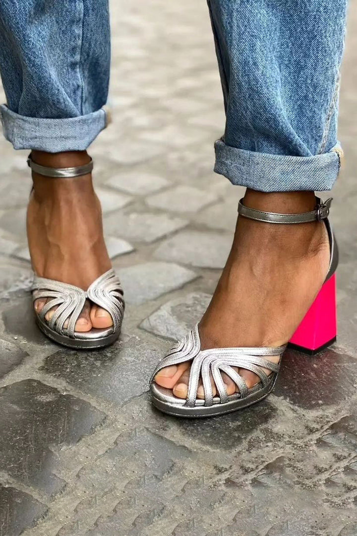Sandalias Brillantes con Tacón Grueso y Hebilla Elegante