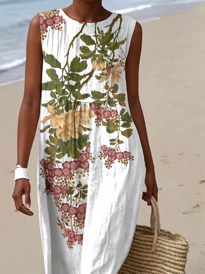 Vestido Floral Sin Mangas de Cuello Redondo para Mujer