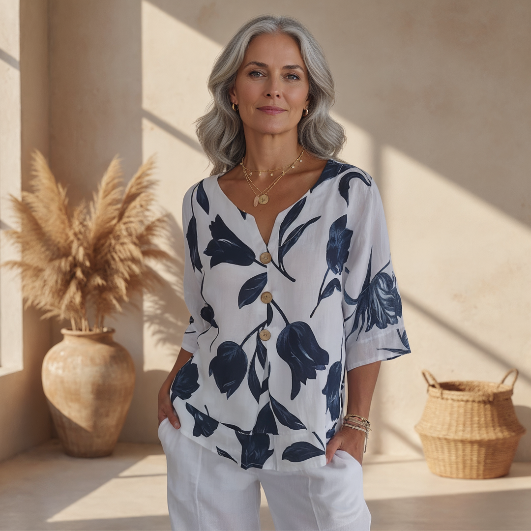 Diario Blusa Floral con Botones Elegante