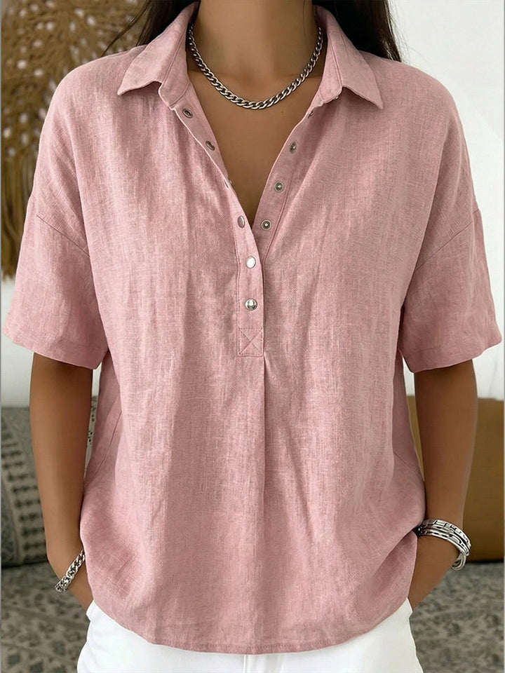 Camisa Polo de Algodón y Lino para Mujeres – Top Casual de Manga Corta para Verano