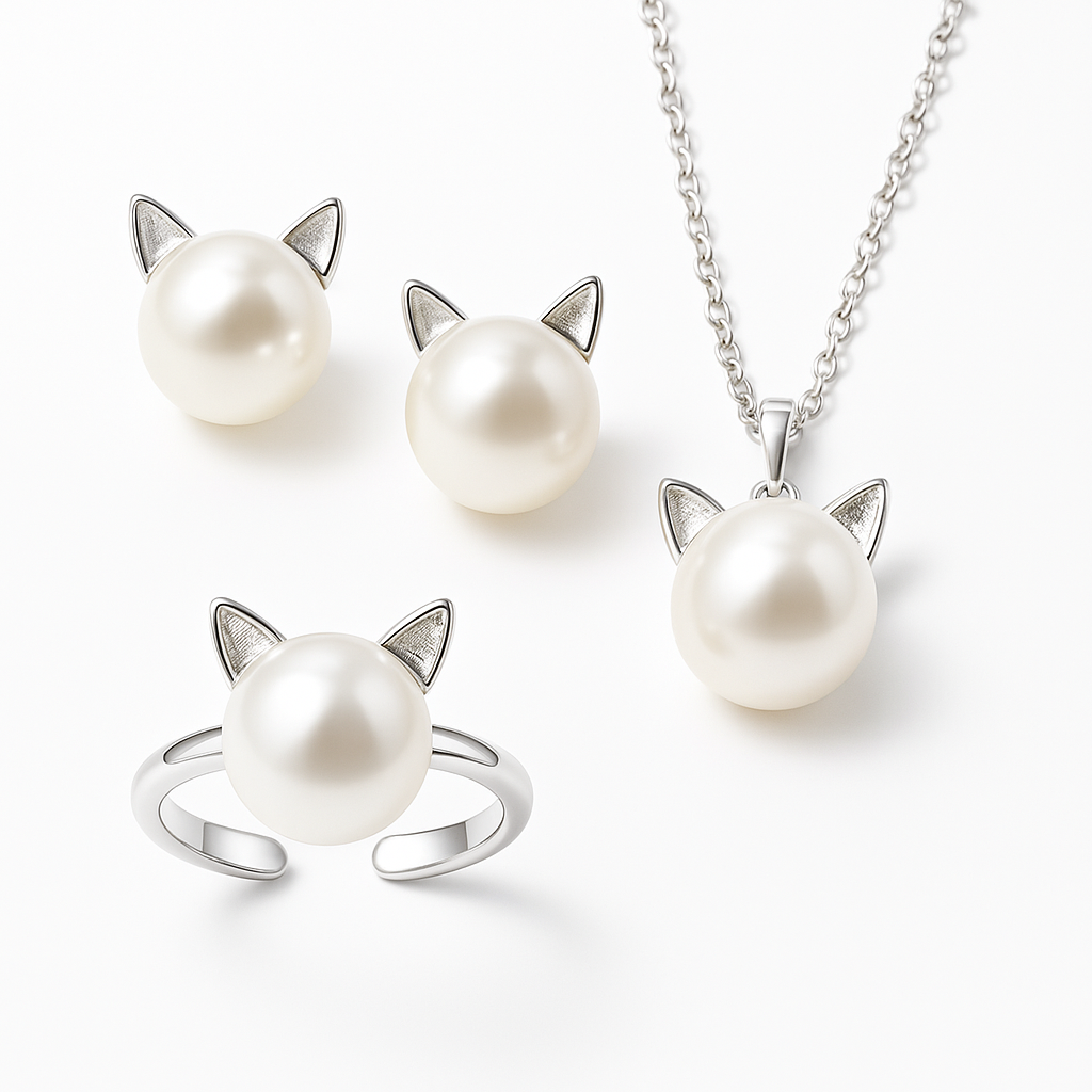 Elegante cadena de gatos y perlas con pendientes y anillo de regalo
