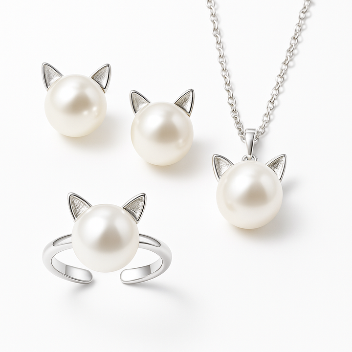 Elegante cadena de gatos y perlas con pendientes y anillo de regalo