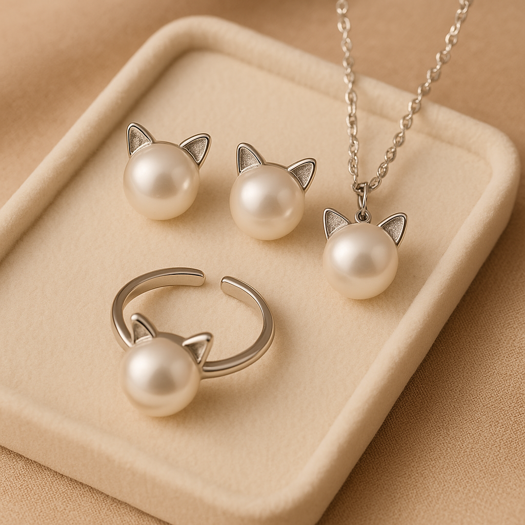 Elegante cadena de gatos y perlas con pendientes y anillo de regalo
